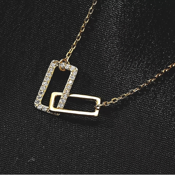 NEW Gold Plated Sterling Silver Pave Diamond Rectangle Necklace, 16-18” - Picture 9 of 12